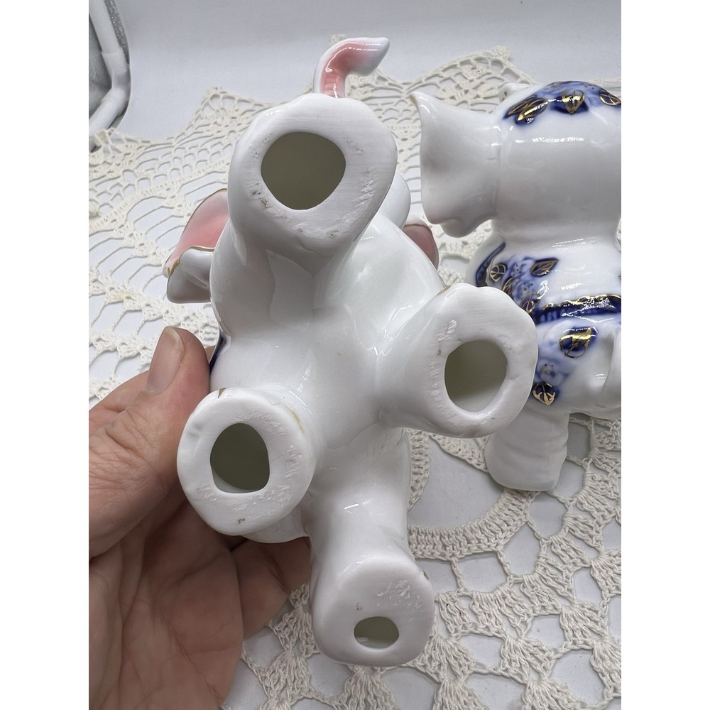 Vintage 1940's Blue White Gold Gzhel Style Porcelain Kissing Elephant Figurines - Picture 9 of 12